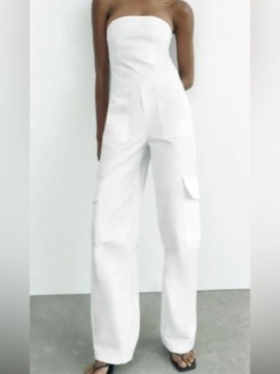 Zara Pants - Zara White Strapless Wide-Leg Cargo Jumpsuit Womens Med